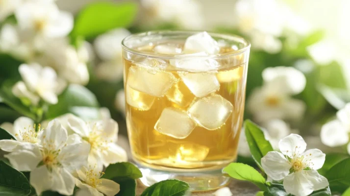 Glass iced jasmine tea with ice cubes is surrounded by delicate white jasmine flowers sym